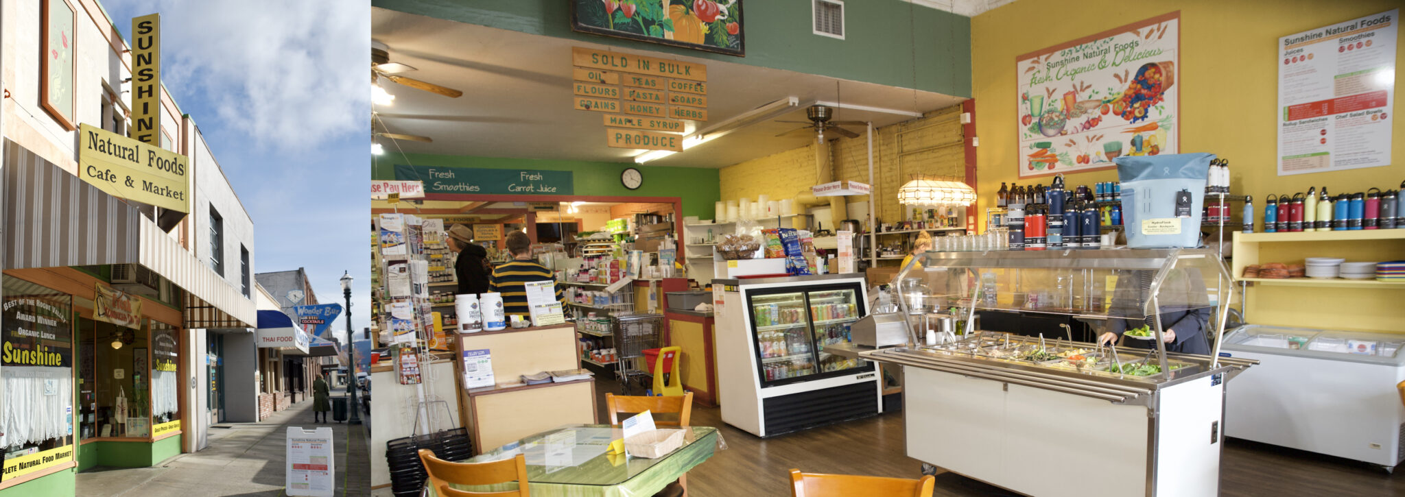 Collage of two images; on the left is the storefront of Sunshine Natural Foods Cafe and Market. The image on the right shows the interior of the store, which is full of color and life; there is an open salad bar, drink fridge, and aisles in the background.