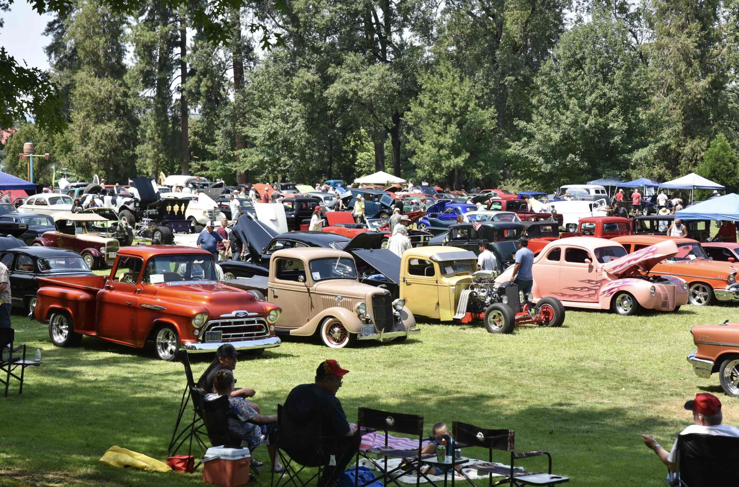 Back to the 50s car show, rows of colorful vintage cars in the park, hosted at the Josephine County Fairgrounds.