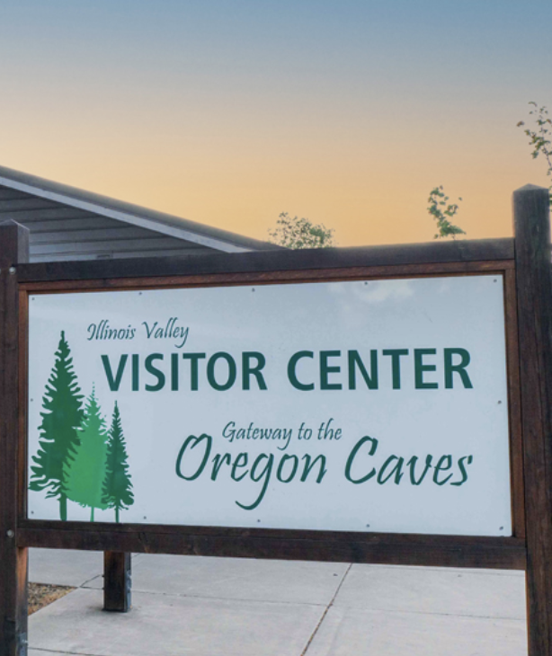 Visitor Center sign in the Illinois Valley calling out as the gateway to the Oregon Caves