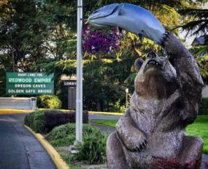 In front of the Redwood Empire exit sign, there is a large bear statue with a fish leaping overhead, featured by Everygreen Bank during BearFest