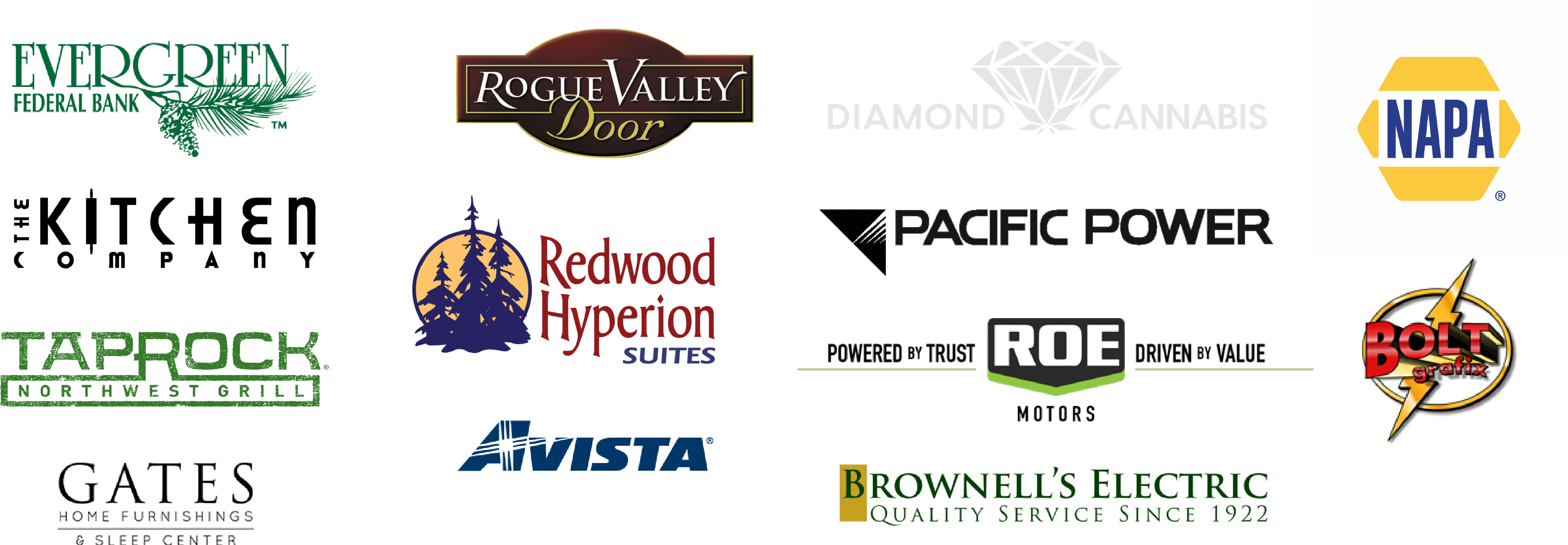 Evergreen Bank, Rogue Valley Door, Diamond Cannabis, NAPA, Pacific Power, ROE Motors, Bolt Grafix, Brownell's Electric, Avista, Redwood Hyperion Suits, Kitchen Company, Taprock, Gates Home Furnishing