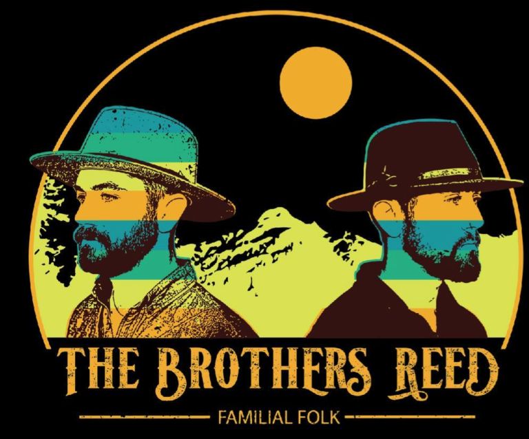 Graphic of the Brothers Reed, both wearing fedoras facing away from each other, back to back, in front of a mountain range with a setting sun.