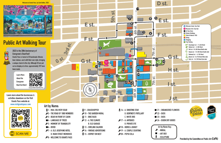 Preview image of the Public Art Walking Map in the historic downtown of Grants Pass, Oregon.