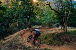 Mountain biker coming around a wide turn going down a bendy path.