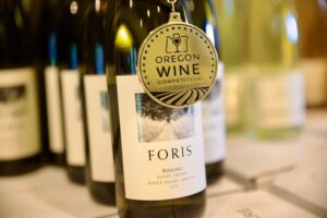 Foris vineyards bottle of wine with the Oregon Wine Competition medal on it.