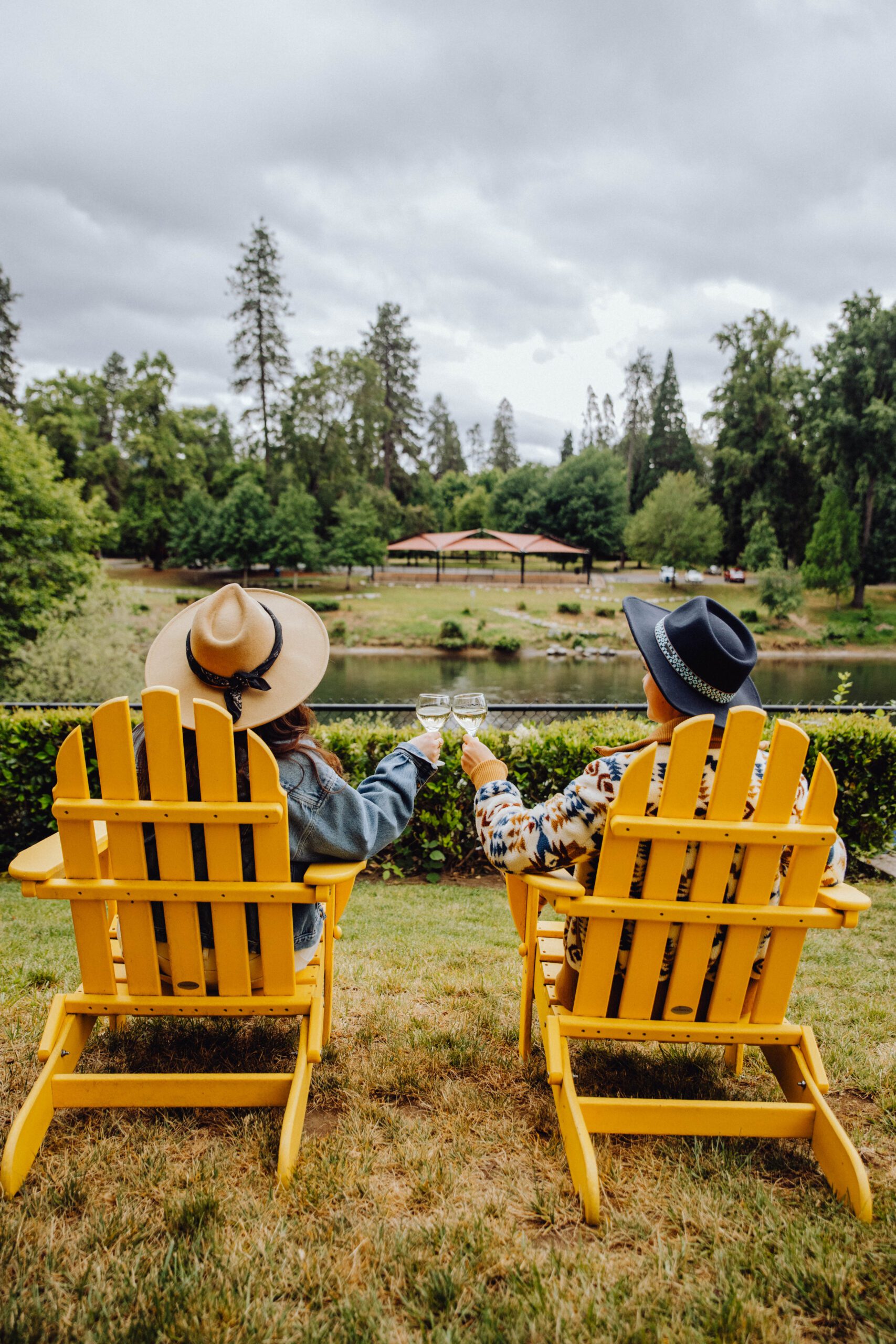 Two people cheer their wine glasses in yellow lawn chairs in front of a scenic view of the Rogue River.