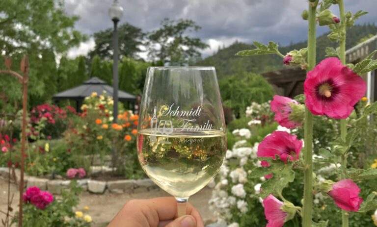 Schmidt Family Vineyards wine glass in outdoor garden space